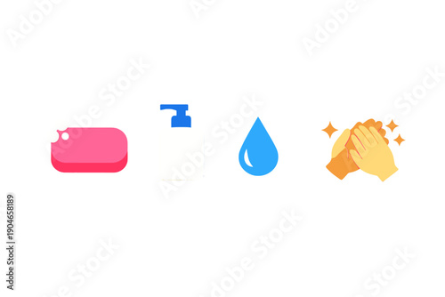 Hand washing steps are shown with soap, hand sanitizer, water, and clapping hands to promote cleanliness to fight germs and viruses