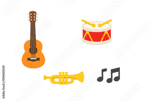 Musical instruments are shown in a simple arrangement with a guitar, drum, trumpet, and music notes indicating the joy of music-making