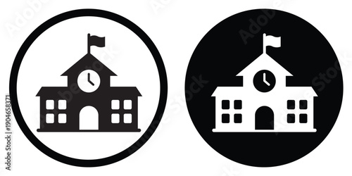 Educational school building icon with clock and flag in circle. Academic institution symbol for university, campus, and primary education facility signage.