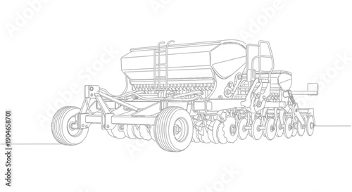 Detailed line drawing of a modern agricultural seed planter machine with multiple rows of planting units and large wheels.