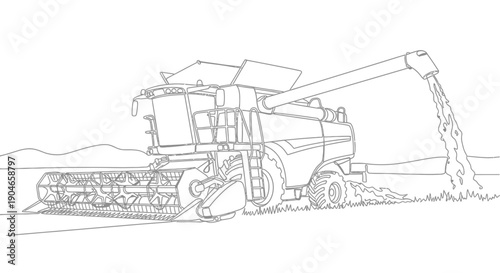 A detailed line drawing of a combine harvester in a field, harvesting crops and discharging them into a stream.