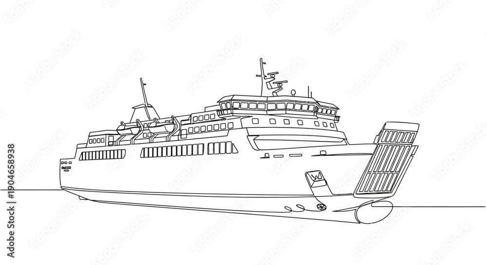 Fototapeta premium A detailed line drawing of a large ferry boat with multiple decks and a ramp at the stern, depicted on a plain white background.