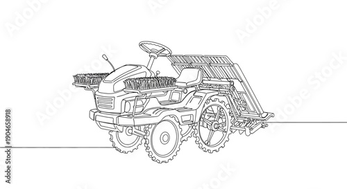 Detailed line drawing illustration of a compact agricultural tractor with a rear-mounted rotary tiller and front-mounted mower deck.