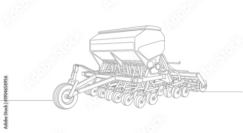 Line drawing of a modern agricultural seed drill for planting crops in a field.