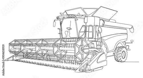 Detailed line drawing of a modern combine harvester used in agriculture.