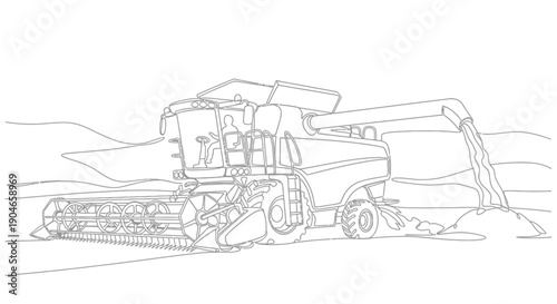 Line art drawing of a combine harvester actively working in a field, processing crops and discharging grain.