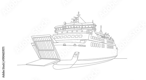 A detailed line drawing of a large passenger and vehicle ferry with its front ramp open, ready for loading or unloading.