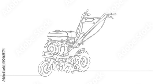 Line drawing of a walk-behind tractor or garden tiller for agricultural work.