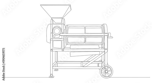 Line drawing of an industrial agricultural processing machine with a hopper, rotating drum, and wheeled frame, depicted in a technical blueprint style.
