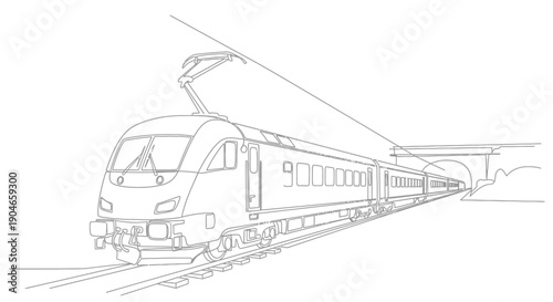 Detailed line drawing of a modern electric train on tracks approaching a tunnel entrance.