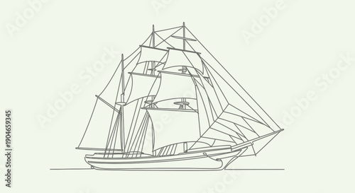 Detailed line art illustration of a classic sailing ship with multiple masts and full sails, rendered in a minimalist style on a plain background.