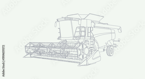 Detailed line drawing of a modern combine harvester for agricultural use.