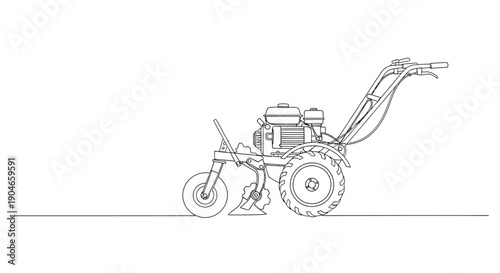 Detailed line drawing of a walk-behind tractor with a plow attachment, ready for agricultural work.