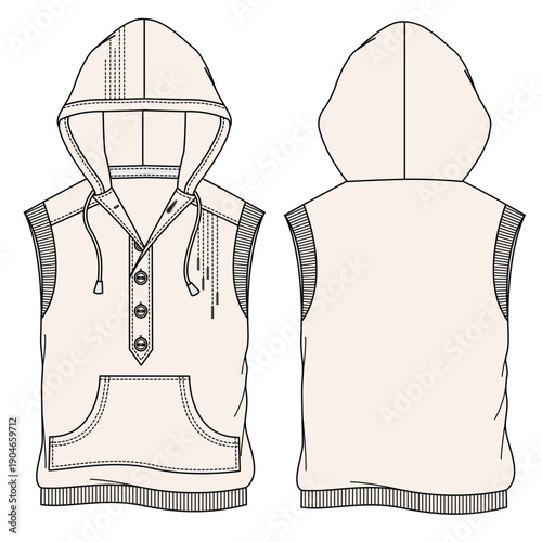 Boys sleeveless hoodies mockup template vector design technical illustration.