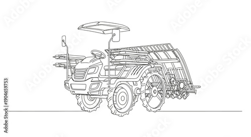 Continuous line drawing of a modern agricultural tractor with a planting or harvesting implement, showcasing farm machinery design.