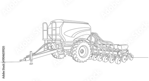Line art illustration of a modern agricultural seed planter machine for farming operations.