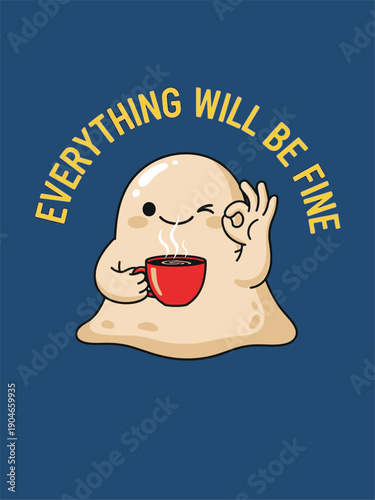 Cute Blob Character Holding Coffee Cup and Winking.