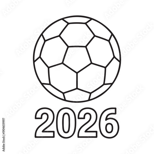 A black and white illustration of a soccer ball with the year 2026 prominently displayed