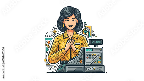 Friendly cashier woman standing at a vintage cash register.