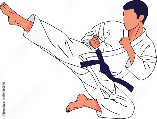 A martial artist in a dynamic kick stance wearing a white uniform with a blue belt