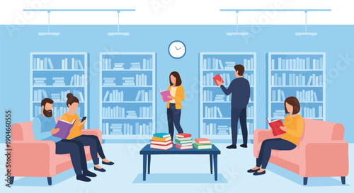 Diverse Group of People Reading Books in Library Setting, Promoting Literacy and Education.