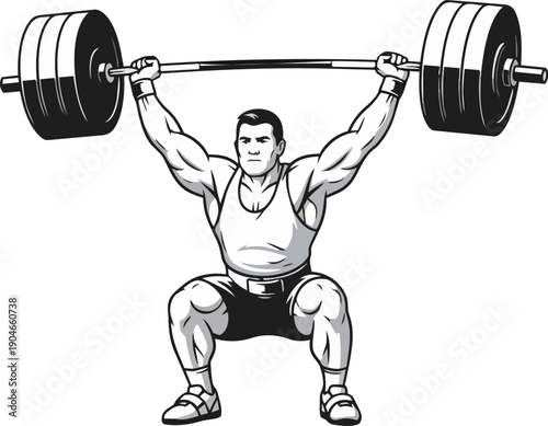 Man Lifting Heavy Barbell Weights in Squat Position, Illustration of Strength and Power