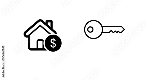 House with dollar sign and key icon representing home purchase and finance