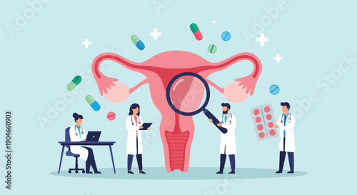 Doctors examine uterus with magnifying glass and pills, symbolizing gynecology and medical research.