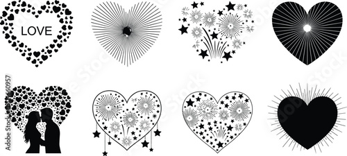 Black and white heart shape design collection with love symbols, romantic silhouettes, starburst patterns, abstract decorative hearts, valen