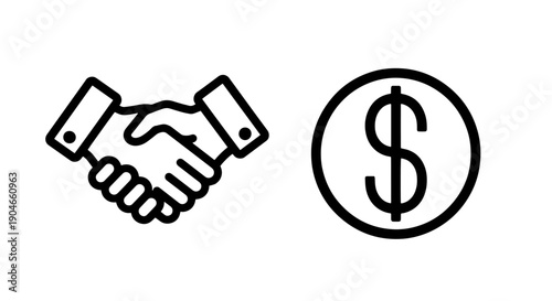 Handshake icon and dollar sign coin representing financial deal and transaction