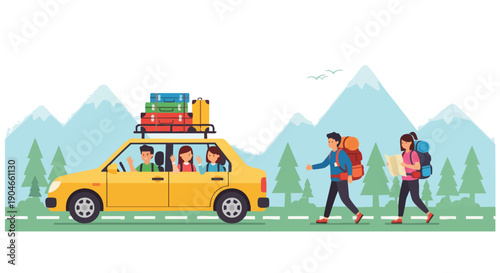 Family Road Trip Adventure: Car Full of Luggage with Backpackers on Scenic Mountain Route.