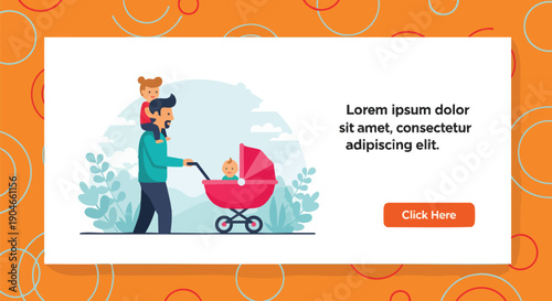 Father Pushing Stroller with Baby and Child on Shoulders, Family Outing and Parenting Scene.