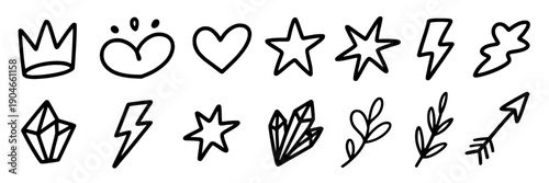Icons doodle drawn set with black simple lines, hearts, stars, and various emblems for decoration and design use featuring crowns, smiley, lightning with gem and crystals elements for leaves, arrow