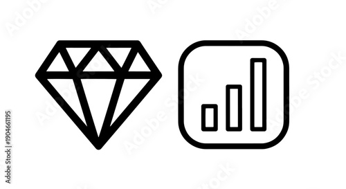Valuable Assets and Financial Performance Icon: Diamond Gemstone and Bar Chart in Square