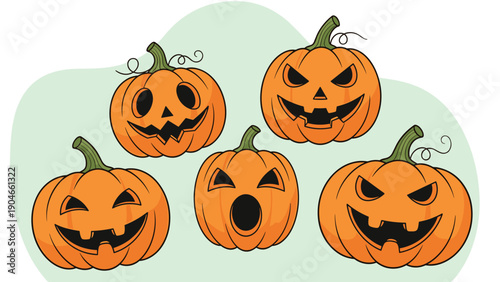 Collection of five orange Halloween pumpkins carved with various spooky and funny jack-o-lantern faces on a light background.