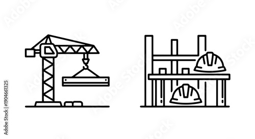 Heavy Construction Site Icons: Crane Lifting Material & Worker Safety Gear