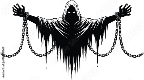 Black and white vector illustration of a scary hooded ghost phantom with glowing eyes and broken chains for gothic horror and Halloween design concepts