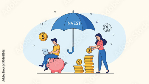 Small characters investing their money wisely protected by a large blue umbrella labeled invest with stacks of gold coins.