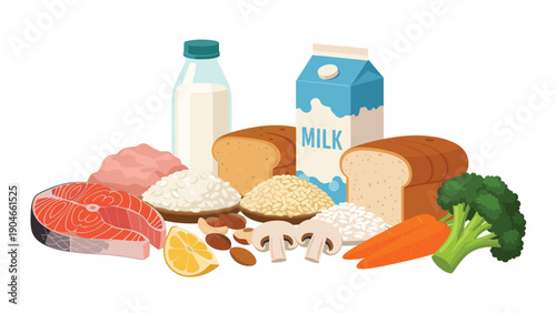 Large group of healthy food items including fish, milk, bread, vegetables, fruits, and nuts in a flat vector illustration.