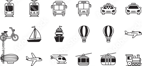 Collection of various transport and travel icons isolated on transparent background