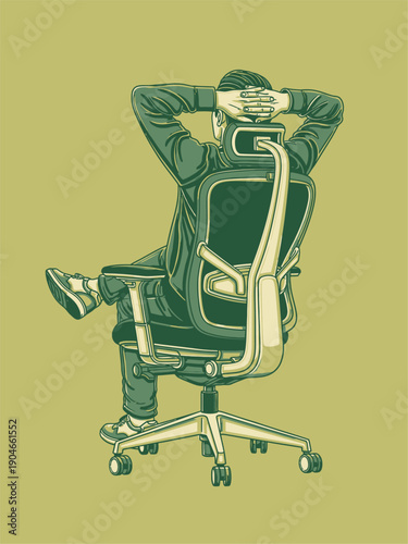Man relaxing in an office chair with hands behind head.