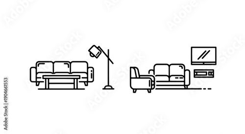 Living Room Interior Icons: Sofa, Coffee Table, Floor Lamp, Television