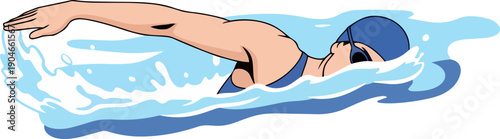 Illustration of a person swimming freestyle in a body of water, depicting a sporting activity and healthy lifestyle
