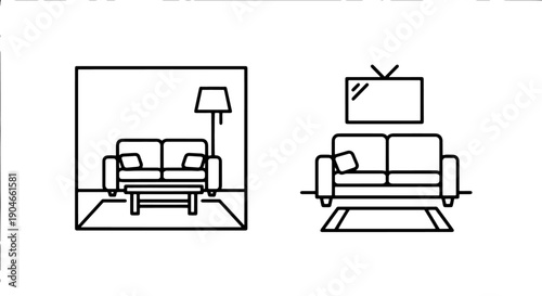 Interior Living Room Icons: Sofa, Floor Lamp, Coffee Table, TV, Rug