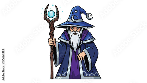 Illustration of a wizard with a long white beard wearing a blue robe and hat holding a magic staff with a glowing blue orb on a plain white background.