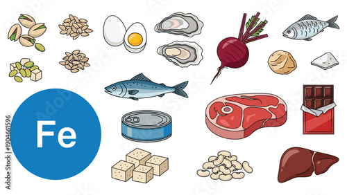 Educational graphic showing various iron rich foods like meat, fish, eggs, beans, nuts, and chocolate with fe symbol.