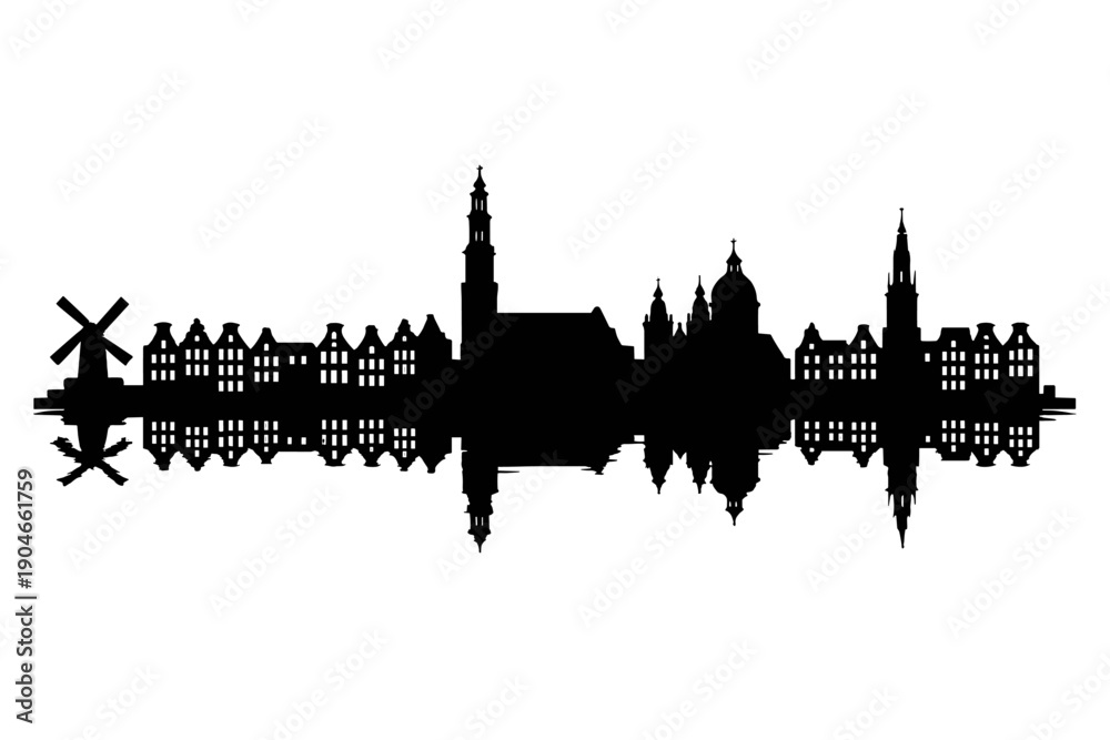 Obraz premium Amsterdam city skyline silhouette with historic canal houses, windmill and church towers, panoramic black vector illustration with reflection isolated on white background