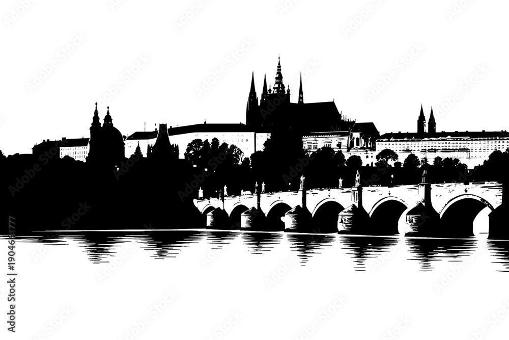 Naklejka premium Black silhouette illustration of Prague skyline with Charles Bridge and Prague Castle reflected on the river. Minimal panoramic cityscape design ideal for travel, architecture