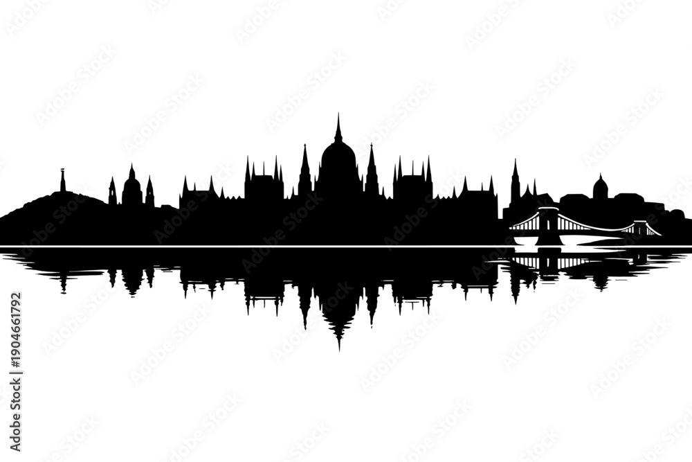 Fototapeta premium Black silhouette illustration of Budapest skyline with the Hungarian Parliament and historic buildings reflected on the river. Minimal panoramic cityscape design ideal for travel, architecture