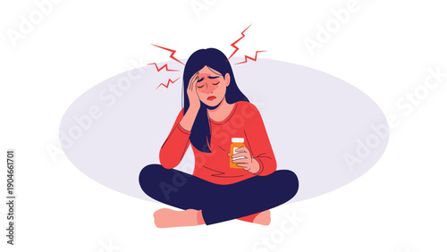 Young woman sitting cross-legged and holding a pill bottle while suffering from a severe migraine headache or pain.